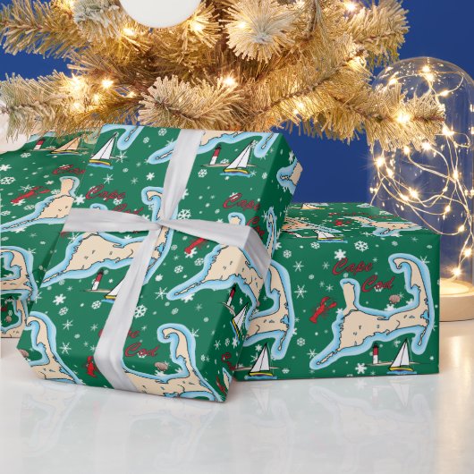 Cape Cod Map Lobster Sailboat Muschel Weihnachten Geschenkpapier (Feiertage)