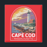 Cape Cod Massachusetts Magnet<br><div class="desc">Cape Cod Retro Vektor Reise Design in einem Emblem Stil. Es ist der Ort der malerischen Dörfer,  Meeresfrüchte-Hütten,  Leuchttürme,  Teiche und Bucht-und Ozeanstrände.</div>