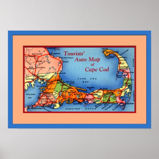 Cape Cod Massachusetts Touristen Auto Karte Poster (Vorne)