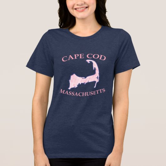Cape Cod Silhouette Rosa Stripte FrauenMarine Tri-Blend Shirt (Vorderseite)