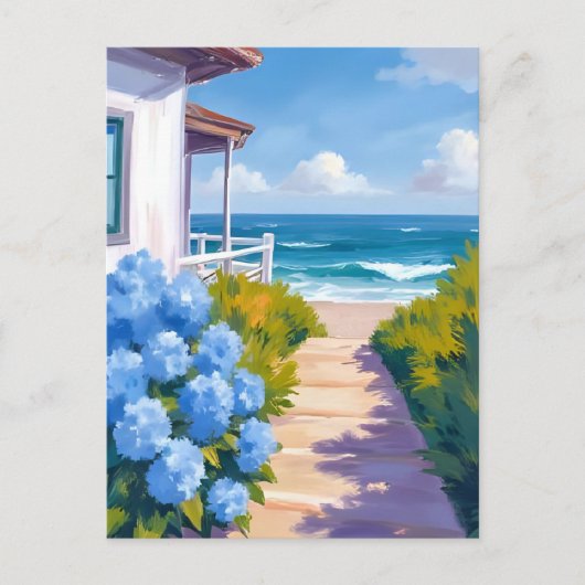 Cape Cod Strandweg | Hortensien-Küstenmalerei Postkarte (Vorderseite)
