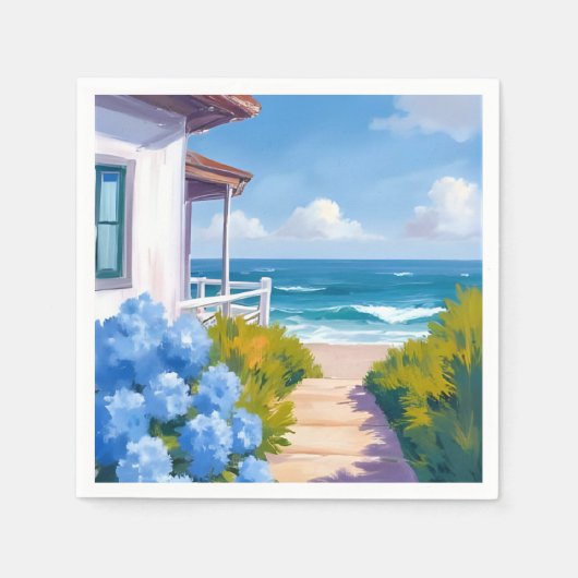 Cape Cod Strandweg | Hortensien-Küstenmalerei Serviette (Vorderseite)