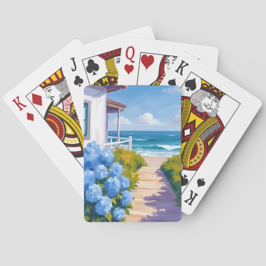 Cape Cod Strandweg | Hortensien-Küstenmalerei Spielkarten (Rückseite)