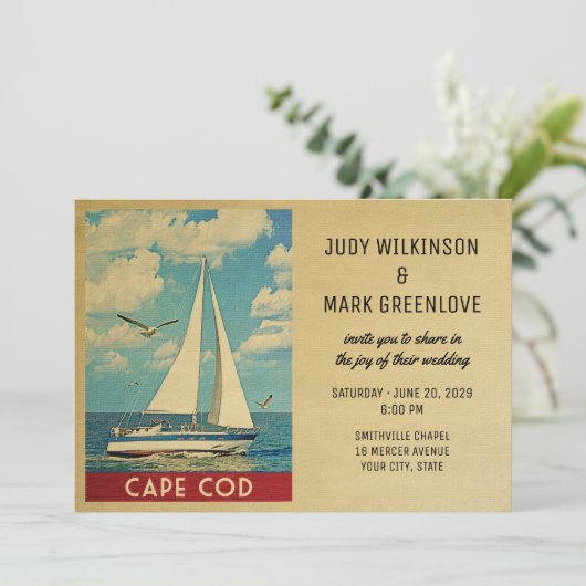 Cape Cod Wedding Einladung Sailboat (Stehend Vorderseite)
