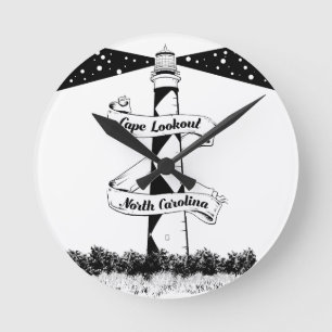 Cape Lookout Leuchtturm Schwarz-Weiß Runde Wanduhr