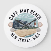 Cape May Beach Retro-Vignette Große Wanduhr (Vorderseite)