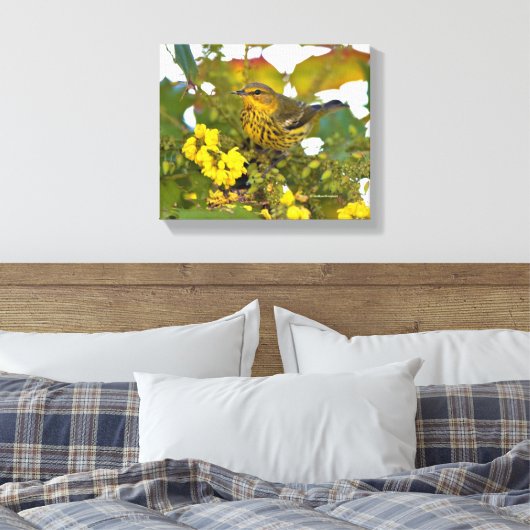 Cape May Warbler mit dem blühenden Mahonia Leinwanddruck (Insitu (Schlafzimmer))