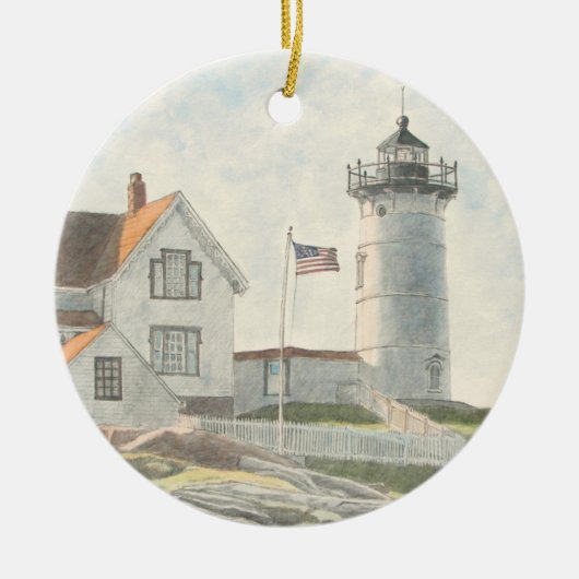 Cape Neddick Leuchtturm Aquarell Keramik Ornament (Vorne)