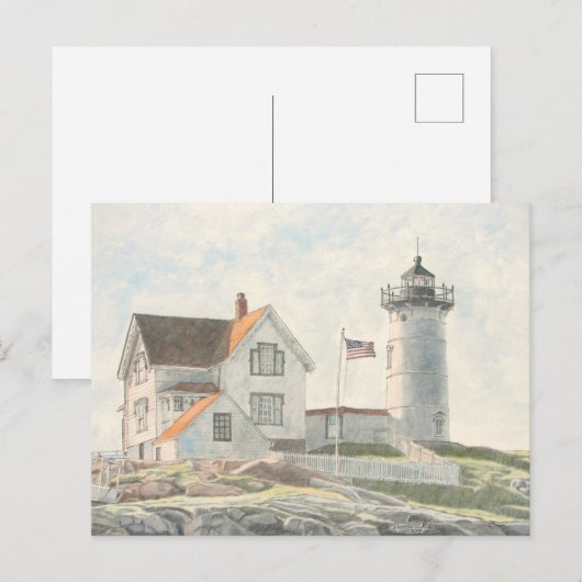 Cape Neddick Lighthouse Wasserfarbe Postkarte (Vorne/Hinten)
