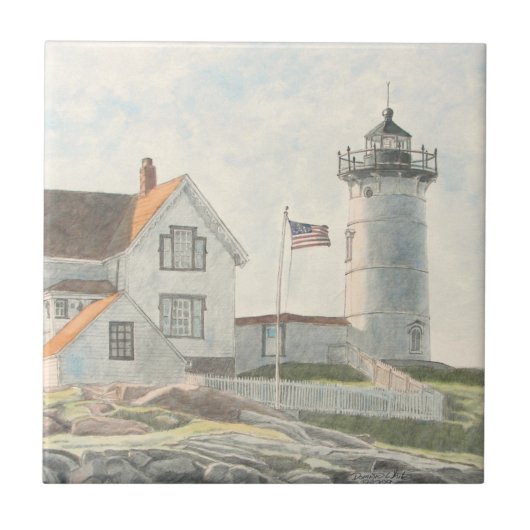 Cape Neddick Lighthouse Watercolor Fliese (Vorderseite)