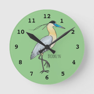 Capped heron bird cartoon illustration  runde wanduhr
