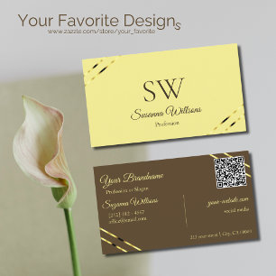 Cappuccino Beige Gold Linien mit Monogramm QR Code Visitenkarte