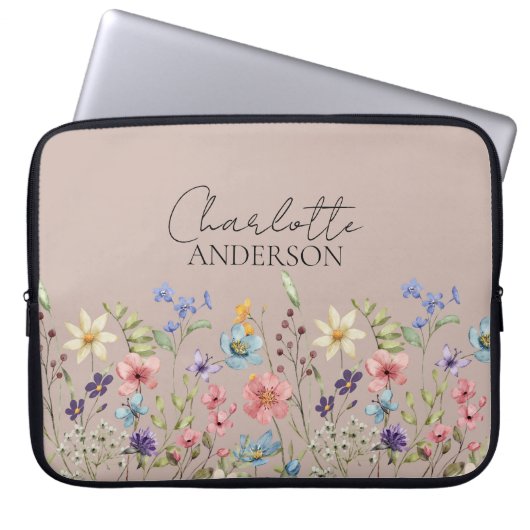 Cappuccino Wildblume Name Monogramm Laptopschutzhülle (Vorderseite)