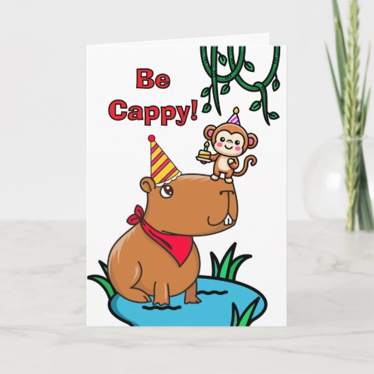 Cappy Birthday Niedlich Capybara und Monkey Karte (Vorderseite)