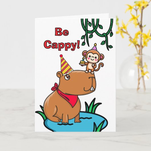 Cappy Birthday Niedlich Capybara und Monkey Karte (Gelbe Blume)