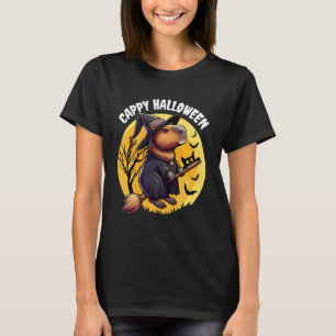 Cappy Halloween Lustige Capybara Hexe Schwarze Kat T-Shirt