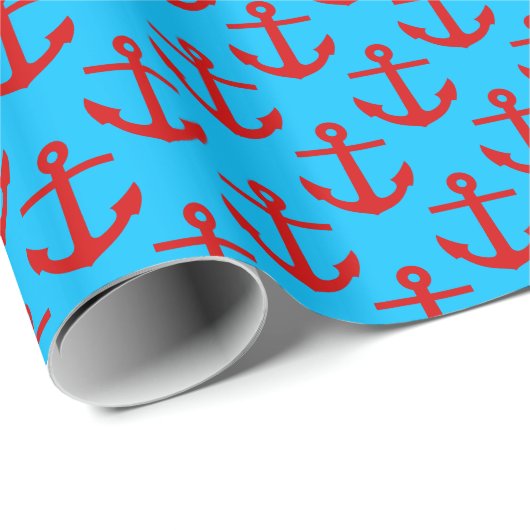 Capri Blue, Red Anchors Pattern Geschenkpapier (Rolleneckpunkt)
