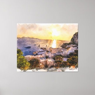 Capri-Insel-Sonnenuntergang-Gemälde mit Hafen und  Leinwanddruck