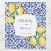Capri Lemons Blue White Tiles Print Wedding Weinetikett (Einzelnes Label)