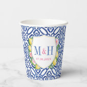 Capri Lemons Blue White Tiles Wedding Wappen Dusch Pappbecher (Rückseite)