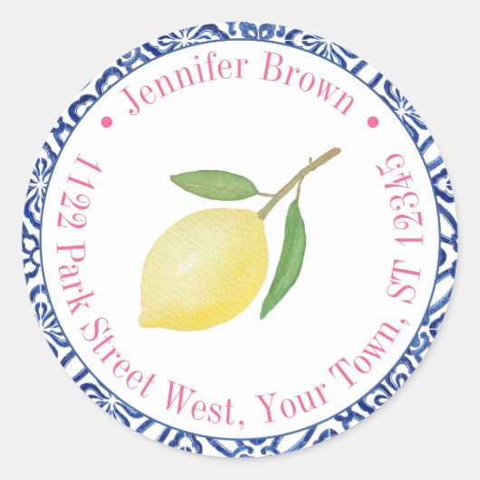 Capri Lemons Pink Blue Tile Dusche Rücksendeadress Runder Aufkleber (Vorderseite)