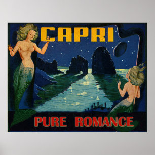 Capri, reine Romantik, Meerjungfrauen nachts, Vint Poster