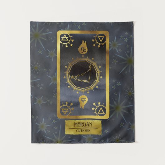 Capricorn Dark Zodiac Astrologie: Schwarzer Goldna Wandteppich (Vorderseite)