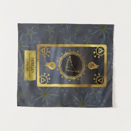 Capricorn Dark Zodiac Astrologie: Schwarzer Goldna Wandteppich (Vorderseite (Horizontal))