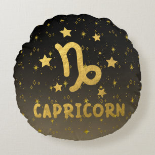 Capricorn Zodiac Black and Gold Round Pillow Rundes Kissen