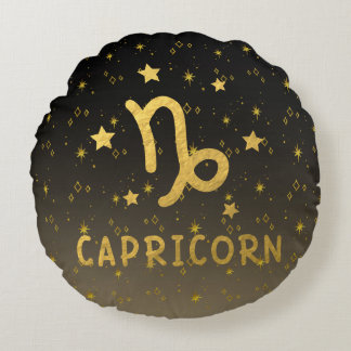 Capricorn Zodiac Black and Gold Round Pillow Rundes Kissen