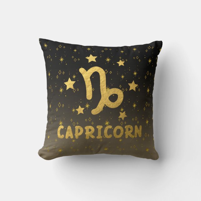 Capricorn Zodiac Black and Gold Throw Kissen (Vorderseite)