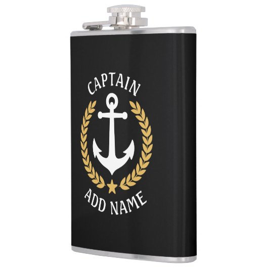 Captain Boat Name Anchor Gold Style Laurel Black Flachmann (Links)