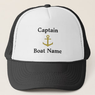 Captain Boat Name Nautical White Black Gold Anker Truckerkappe
