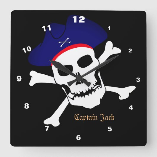 Captain Jack & Pirates Flag, Skull House / Boot Quadratische Wanduhr (Vorderseite)