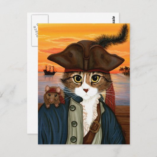 Captain Leo, Pirate Cat & Rat Fantasy Art Postcard Postkarte (Vorne/Hinten)
