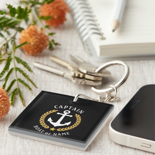 Captain Name Anchor Gold Laurel Picture Back Black Schlüsselanhänger (Vorderseite rechts)