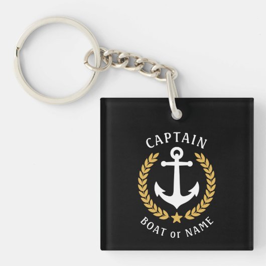 Captain Name Anchor Gold Laurel Picture Back Black Schlüsselanhänger (Vorderseite)