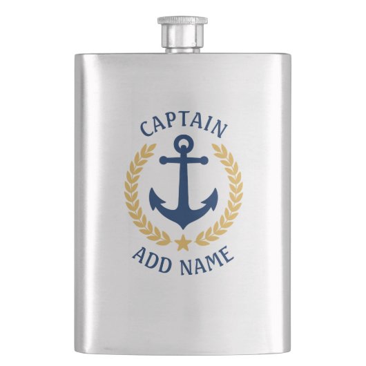 Captain Name Nautical Anchor Gold Style Laurel Flachmann (Vorderseite)