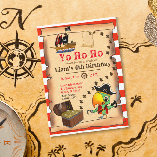 Captain Parrot Treasure Pirate Boy's Birthday Inv Einladung