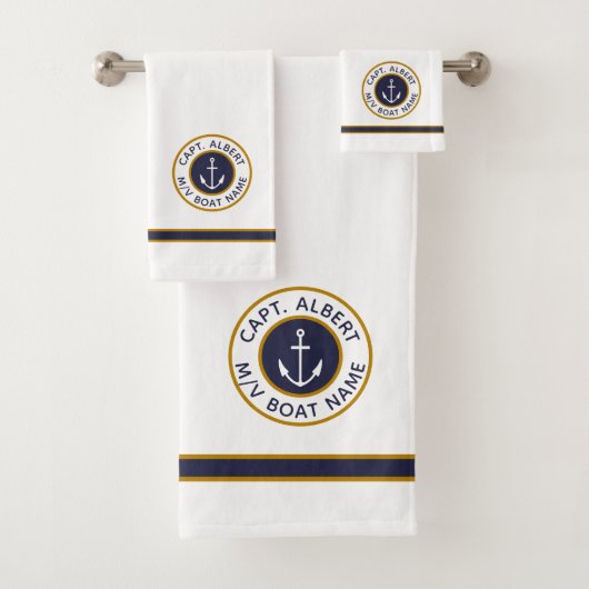 Captain Your Name White Navy Blue Gold Handtuch Se Badhandtuch Set (Insitu)