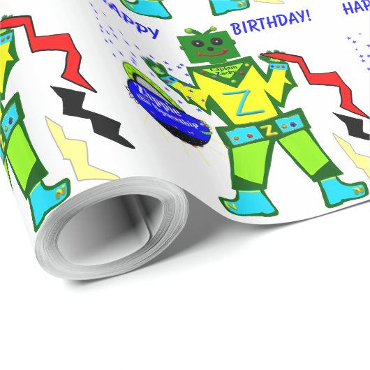 Captain Zacky Robot Zippie Spaceship Birthday Geschenkpapier (Rolleneckpunkt)