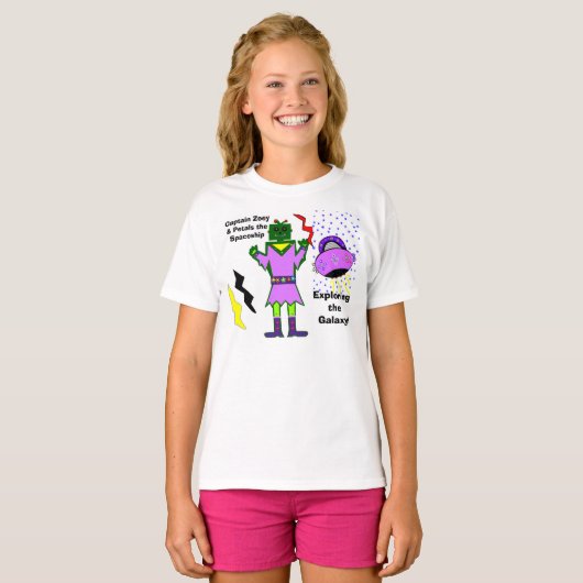 Captain Zoey Girl Robot Pink Petals Spaceship T-Shirt (Vorne ganz)