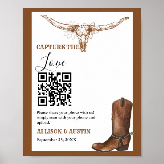 Capture Liebe QR Code Western Cowboy Stiefel Hochz Poster (Vorne)