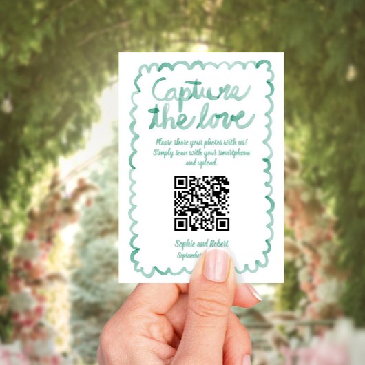 Capture Share Fotos QR Code Whimsical Green Frame Begleitkarte