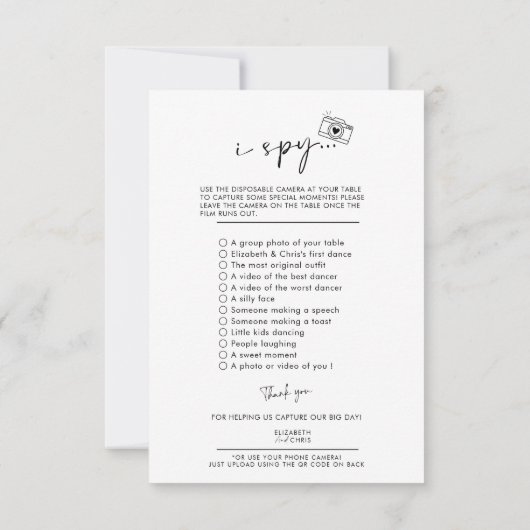 Capture the Liebe Foto I Spy Wedding Game Menu RSVP Karte (Rückseite)