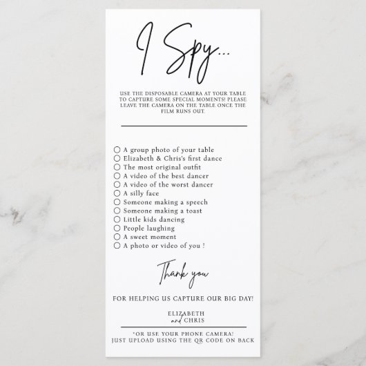 Capture the Liebe Foto I Spy Wedding Game Sage Menükarte (Rückseite)