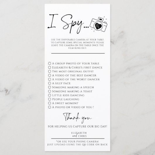 Capture the Liebe Foto I Spy Wedding Game Sage Menükarte (Rückseite)