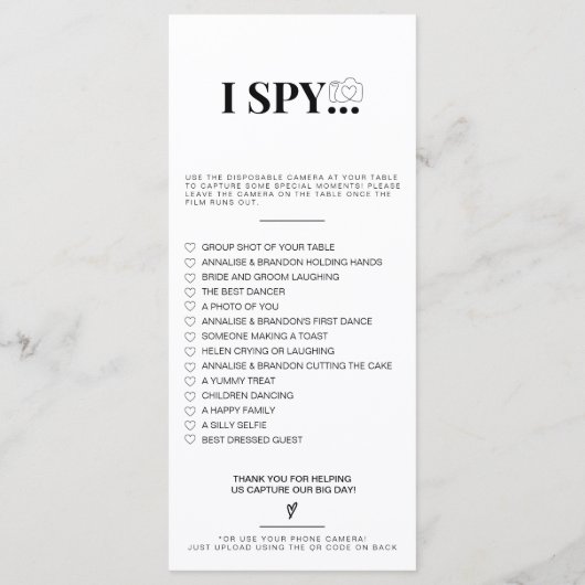 Capture the Liebe Foto I Spy Wedding Game Sage Menükarte (Rückseite)