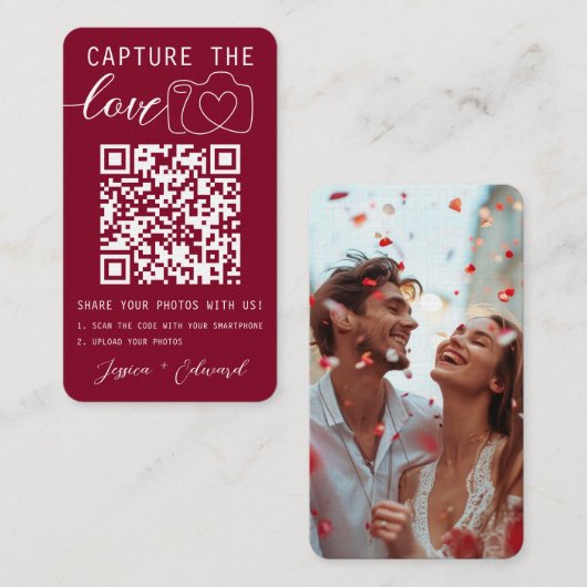 Capture the Liebe QR Code Foto Burgundy Wedding Platzkarte (Vorne/Hinten)