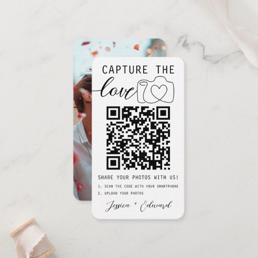 Capture the Liebe QR Code Foto Moderne Hochzeit Platzkarte (Vorderseite/Rückseite Beispiel)
